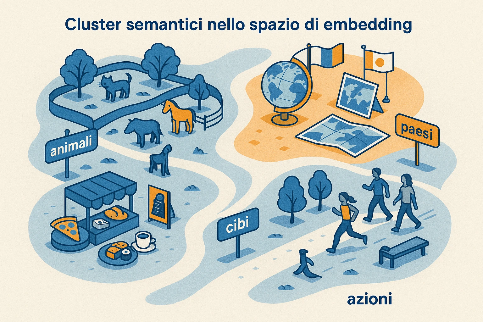Cluster semantici nello spazio di embedding come quartieri di una mappa