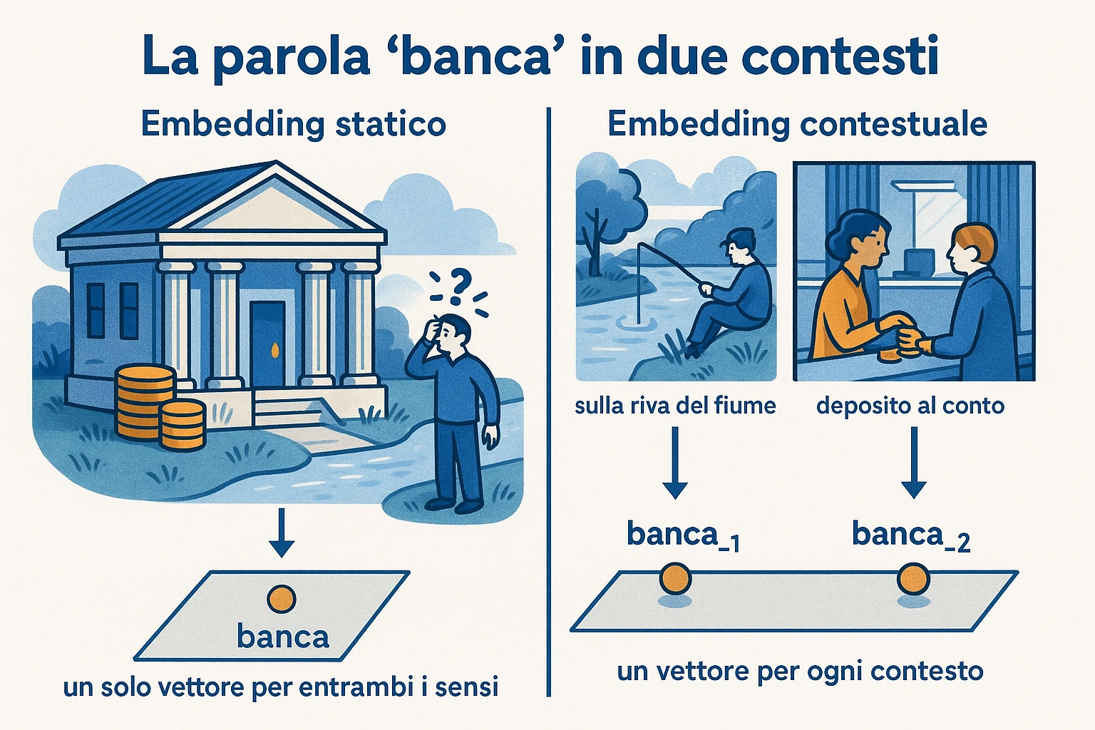La parola "banca" in due contesti, embedding statico vs contestuale