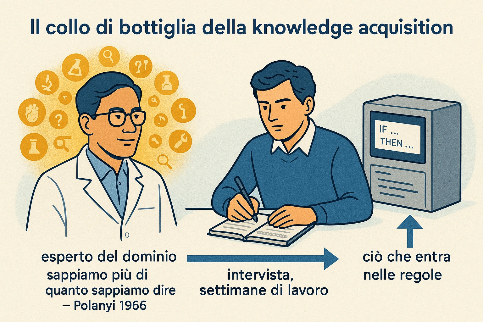 Knowledge acquisition bottleneck visualization. Three figures from left to right: domain expert (large head with many small icons floating around suggesting tacit knowledge), knowledge engineer (in the middle with a notepad and a frustrated expression), and a knowledge base (small box on the right labeled "rules" containing only a few visible items). Arrows: thick arrow from expert to KE labeled "interview, weeks of work", thin arrow from KE to KB labeled "what fits in rules". Annotation under expert: "tacit knowledge: we know more than we can tell — Polanyi 1966". Clean minimal style, English labels